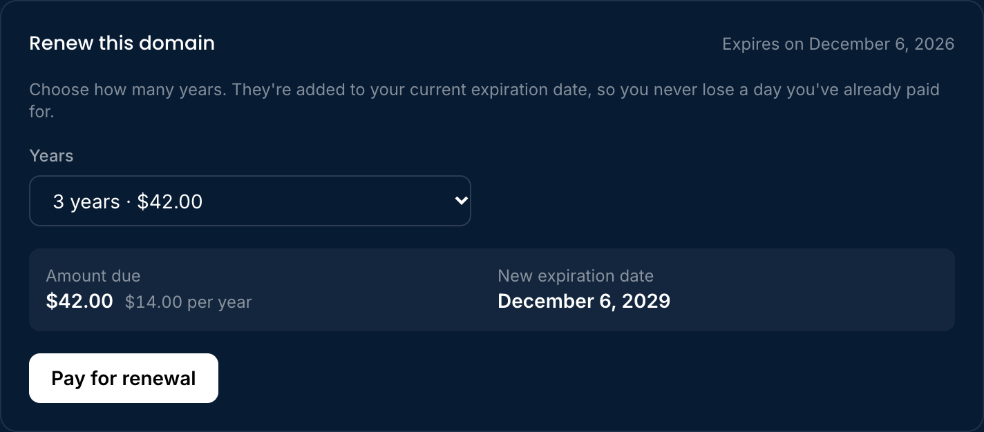 The Renew this domain card with three years selected: amount due and new expiration date